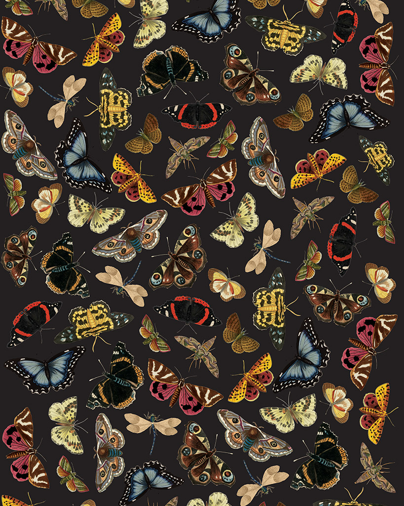 dekupážový papier s farebnými motýľmi na čiernom pozadí